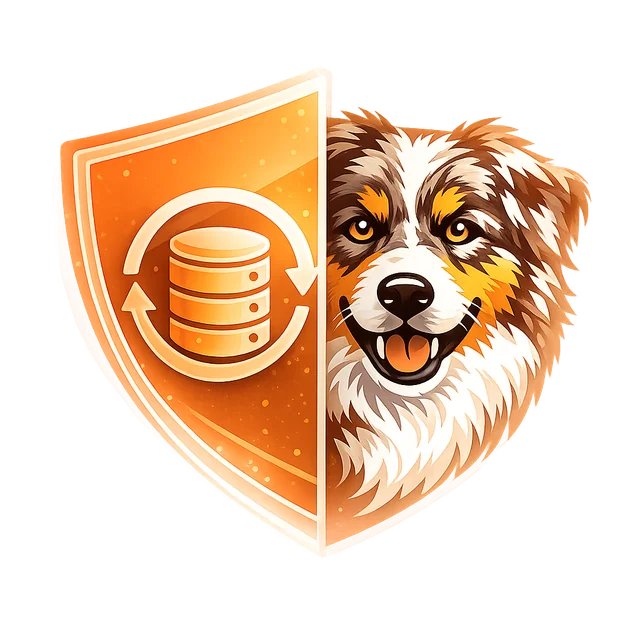 Shyra Chill: orangefarbener Schild mit Datenbanksymbol und Australian Shepherd